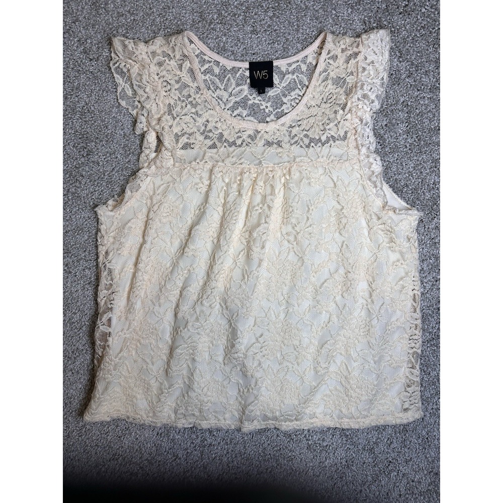 W5 Womens Large Ivory Lace Tank Top Sleeveless Boho Floral Lined Blouse